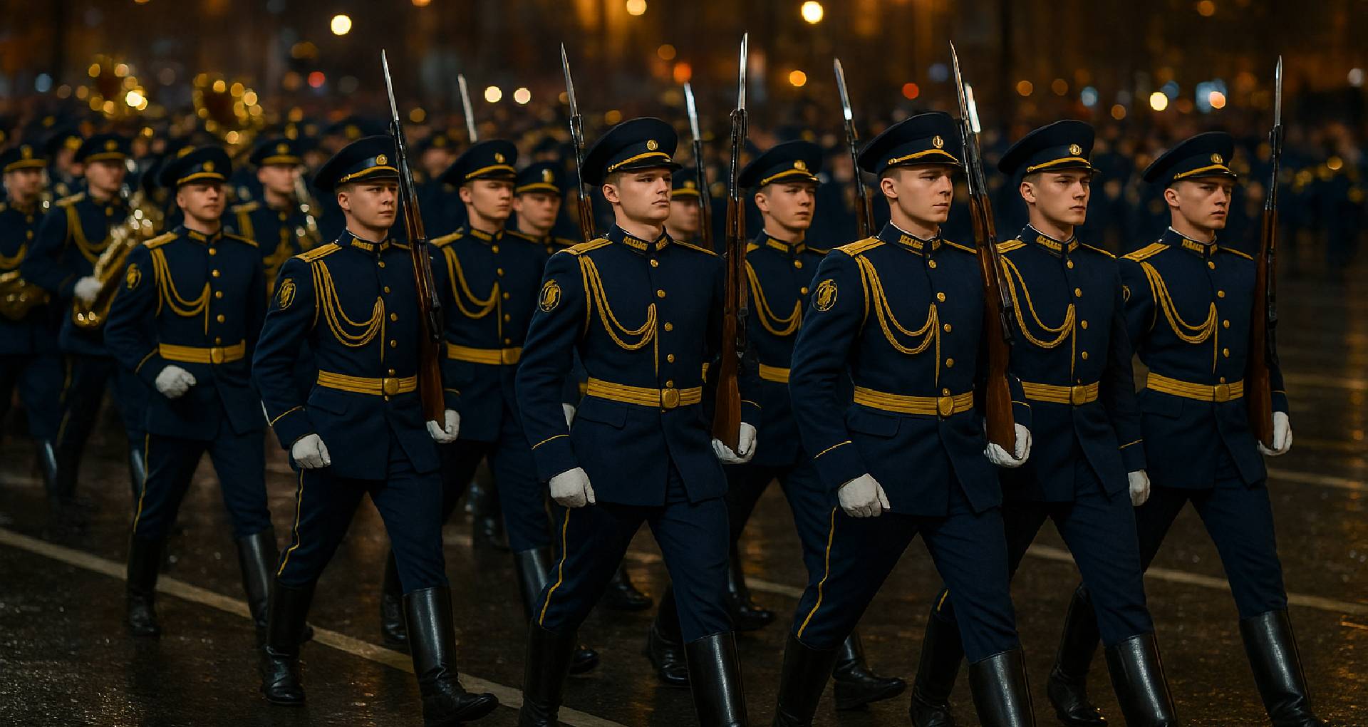 An honor guard marching in formation in dark ceremonial uniforms with gold braid, sashes, and peaked caps